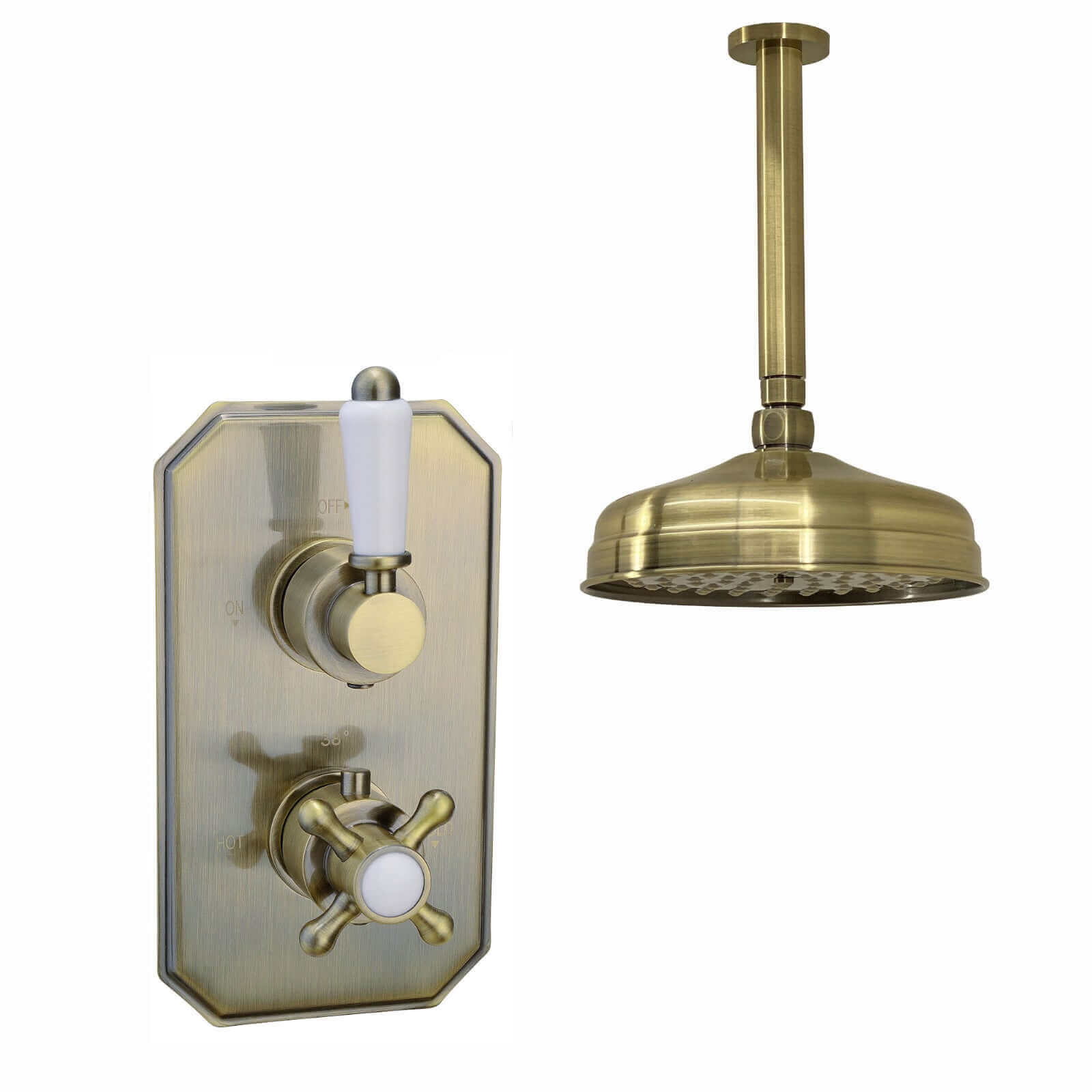 Buy Regent Traditional Crosshead And White Lever Concealed Thermostatic Shower Set Ceiling Fixed 8" Shower Head - Antique Brass (1 Outlet) Online UK | HOUSE OF ENKI